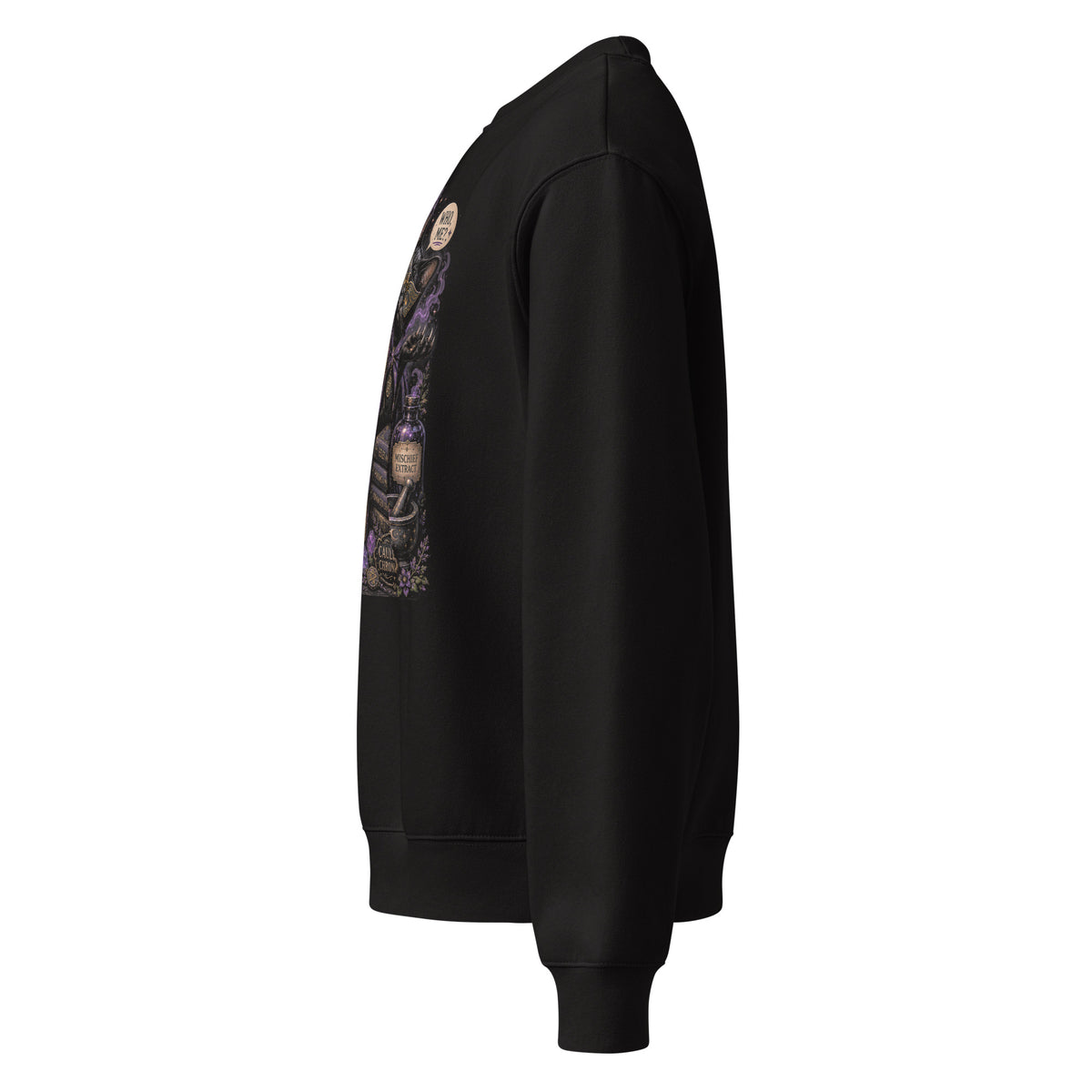 Mostly Harmless whimsigoth design, a potion bottle with a long warning label, on a black oversized heavyweight sweatshirt, left side view