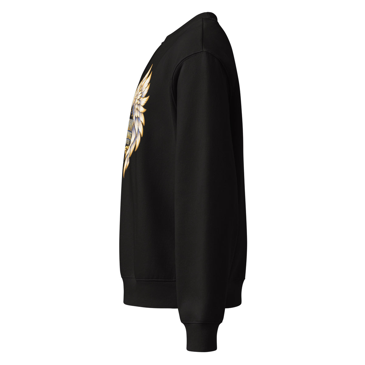 My Person Has Wings In Heaven design, gold and white angel wings curving into a heart around gold lettering with blue star sparkles, on a black oversized heavyweight sweatshirt, left side view