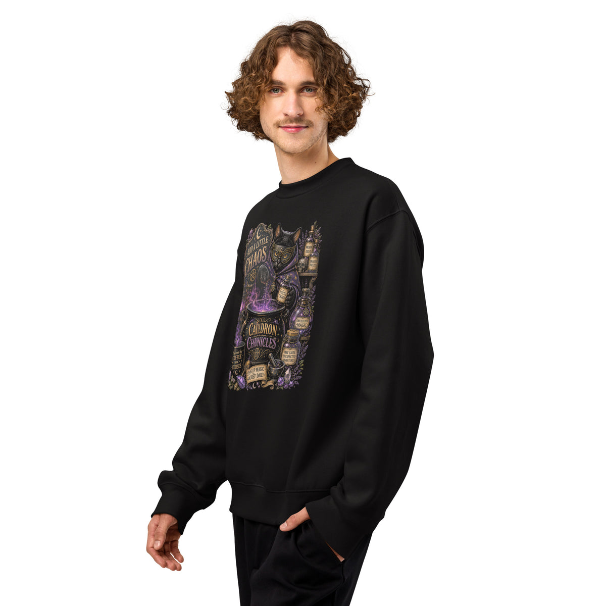 Add A Little Chaos whimsigoth design, a masked cat and a bubbling cauldron, on a black oversized heavyweight sweatshirt, left front view