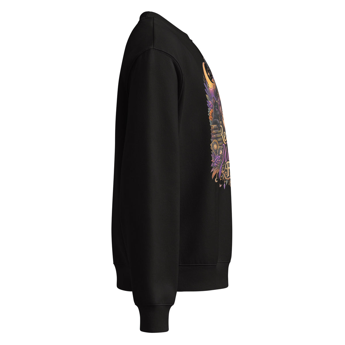 Resting Witch Face whimsigoth design, a witch in round sunglasses with her black cat and a raven, on a black oversized heavyweight sweatshirt, right side view