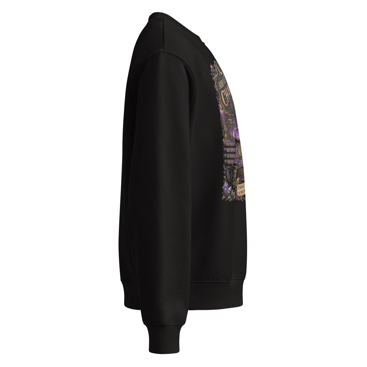 Add A Little Chaos whimsigoth design, a masked cat and a bubbling cauldron, on a black oversized heavyweight sweatshirt, right side view