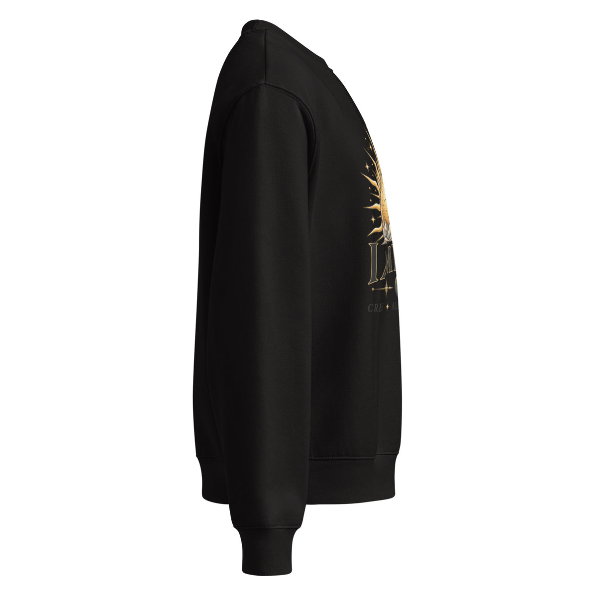 I Am Magic design with a gold sun face, Be Magical collection, on a black oversized heavyweight sweatshirt, right side view
