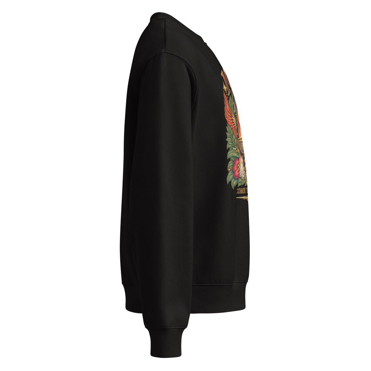 Ignis, Become the Spark design, on a black oversized heavyweight sweatshirt, right side view