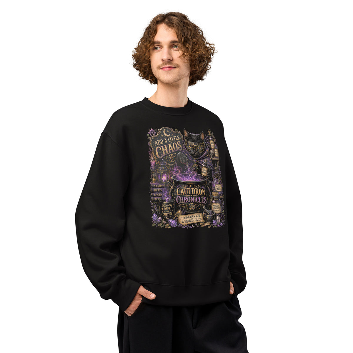 Add A Little Chaos whimsigoth design, a masked cat and a bubbling cauldron, on a black oversized heavyweight sweatshirt, right front view