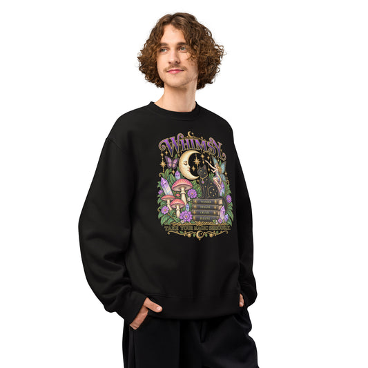 Whimsy, Take Your Magic Seriously design, on a black oversized heavyweight sweatshirt, angled right front view