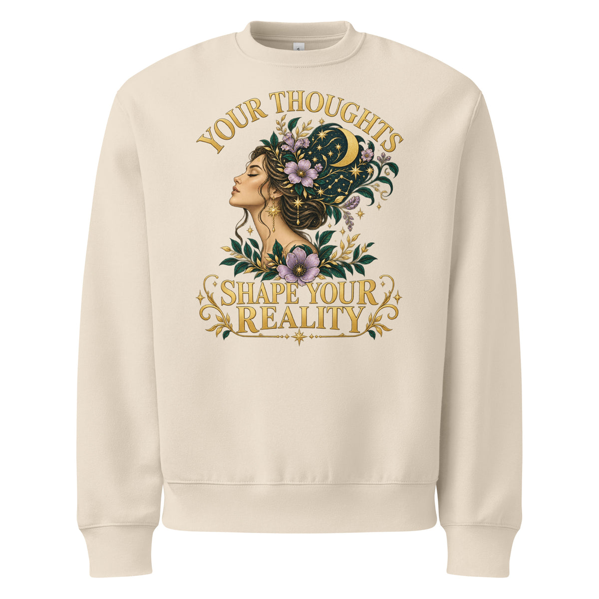 Your Thoughts Shape Your Reality oversized heavyweight sweatshirt in dust, front. Gold lettering above a woman's profile with stars and constellations.