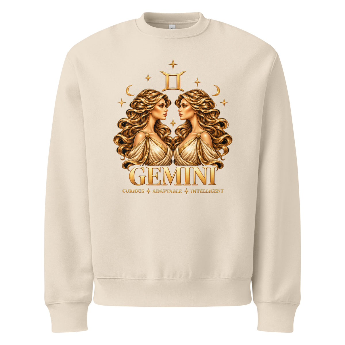 Gemini zodiac oversized sweatshirt in dust, front: golden twins face to face in a night sky of gold stars