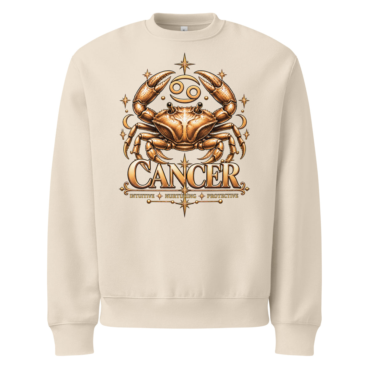 Cancer zodiac oversized sweatshirt in dust, front: a golden crab with claws raised in a night sky of gold stars