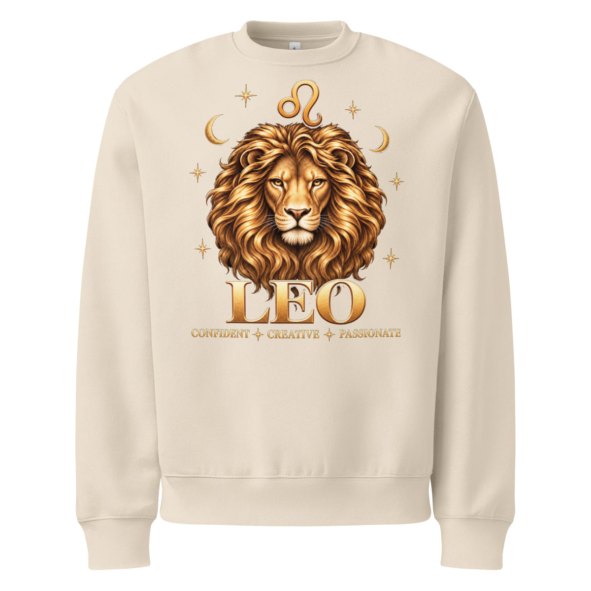 Leo zodiac oversized sweatshirt in dust, front: a golden lion with a full flowing mane in a night sky of gold stars
