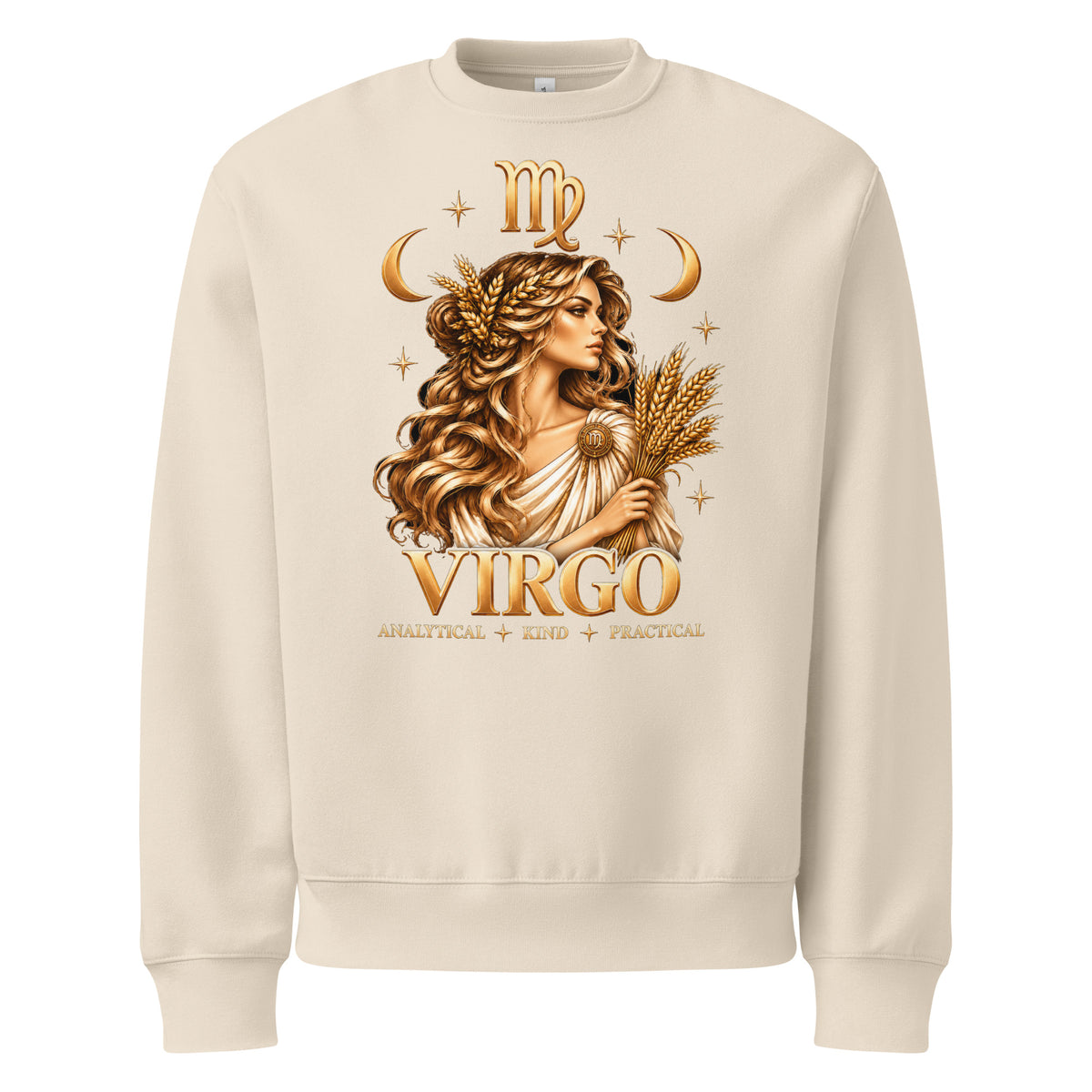 Virgo zodiac oversized sweatshirt in dust, front: a golden maiden holding a sheaf of wheat in a night sky of gold stars