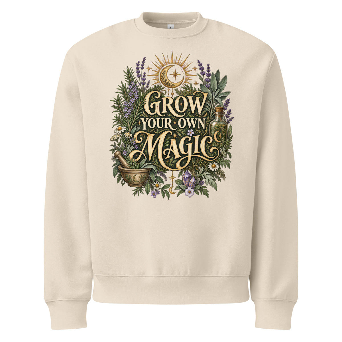 Grow Your Own Magic herbology design, herbs and a golden moon, on a dust oversized sweatshirt, front view