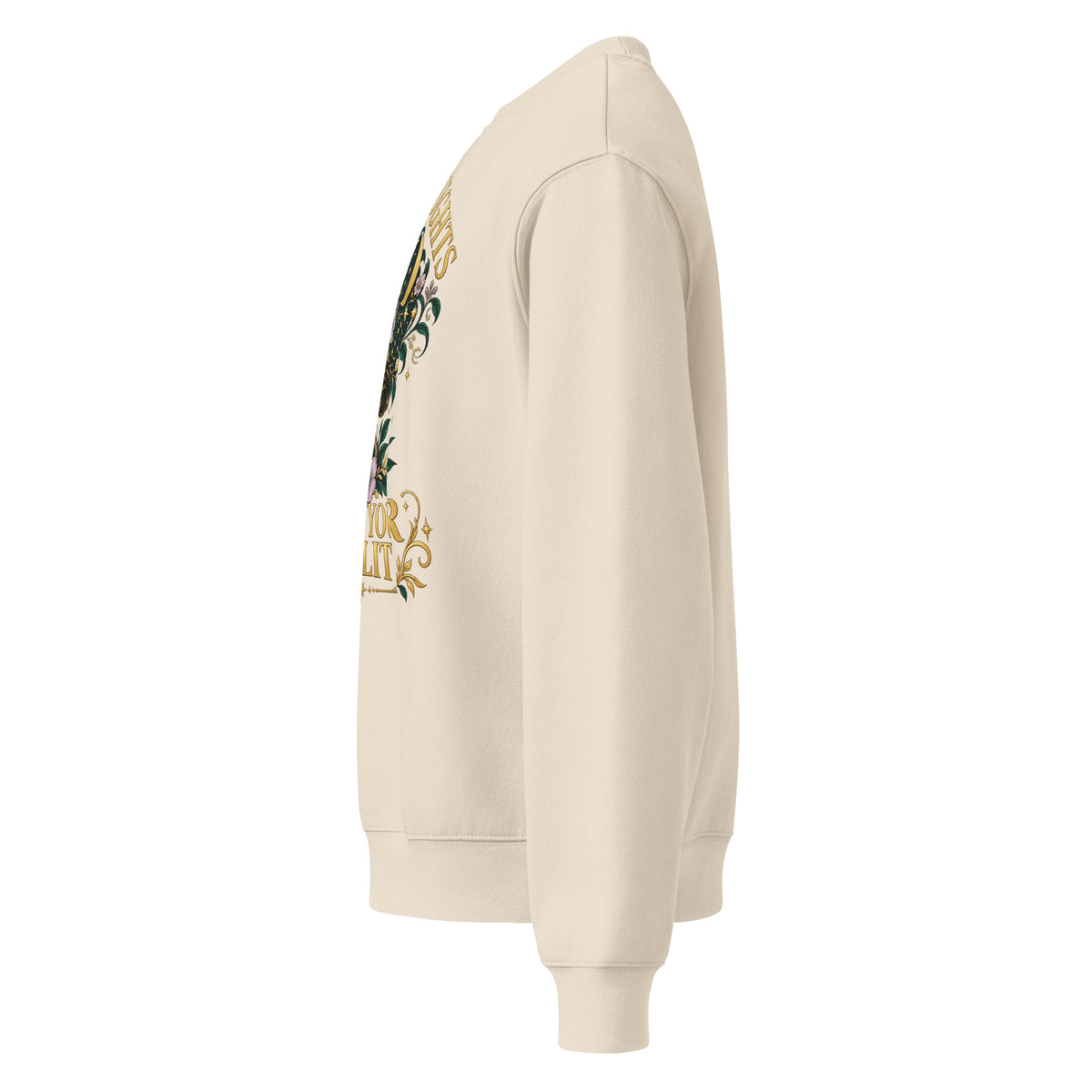 Your Thoughts Shape Your Reality oversized sweatshirt in dust, left side, showing the dropped sleeve and relaxed fit.