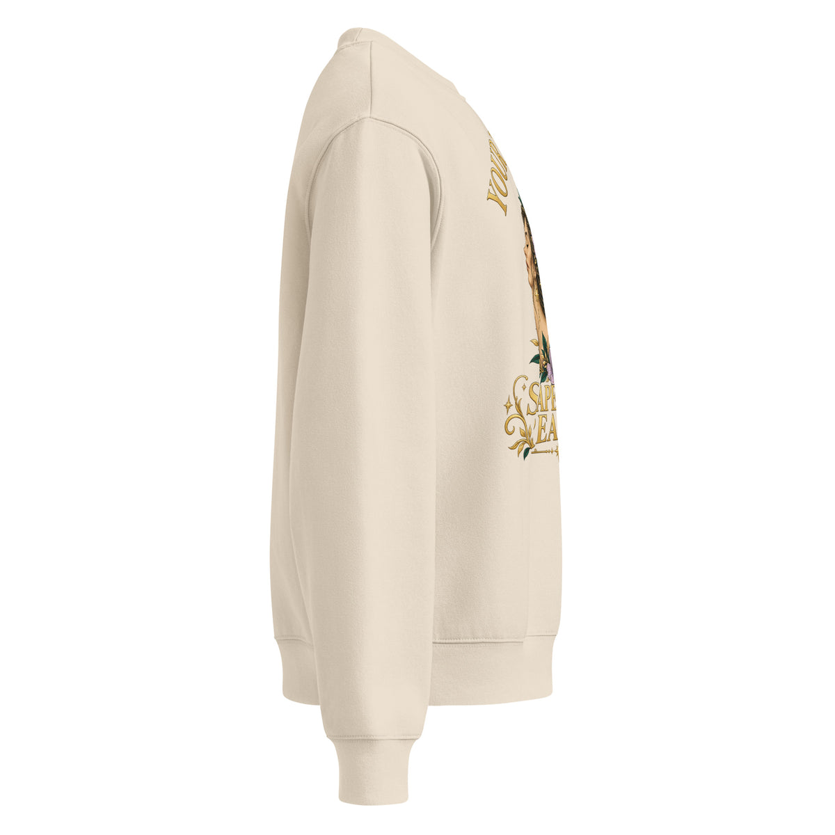 Your Thoughts Shape Your Reality oversized sweatshirt in dust, right side, showing the dropped sleeve and ribbed cuff.