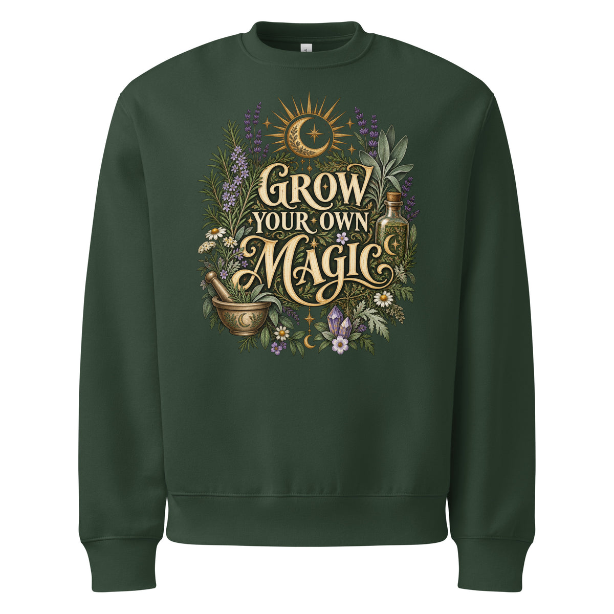 Grow Your Own Magic herbology design, herbs and a golden moon, on a forest oversized sweatshirt, front view