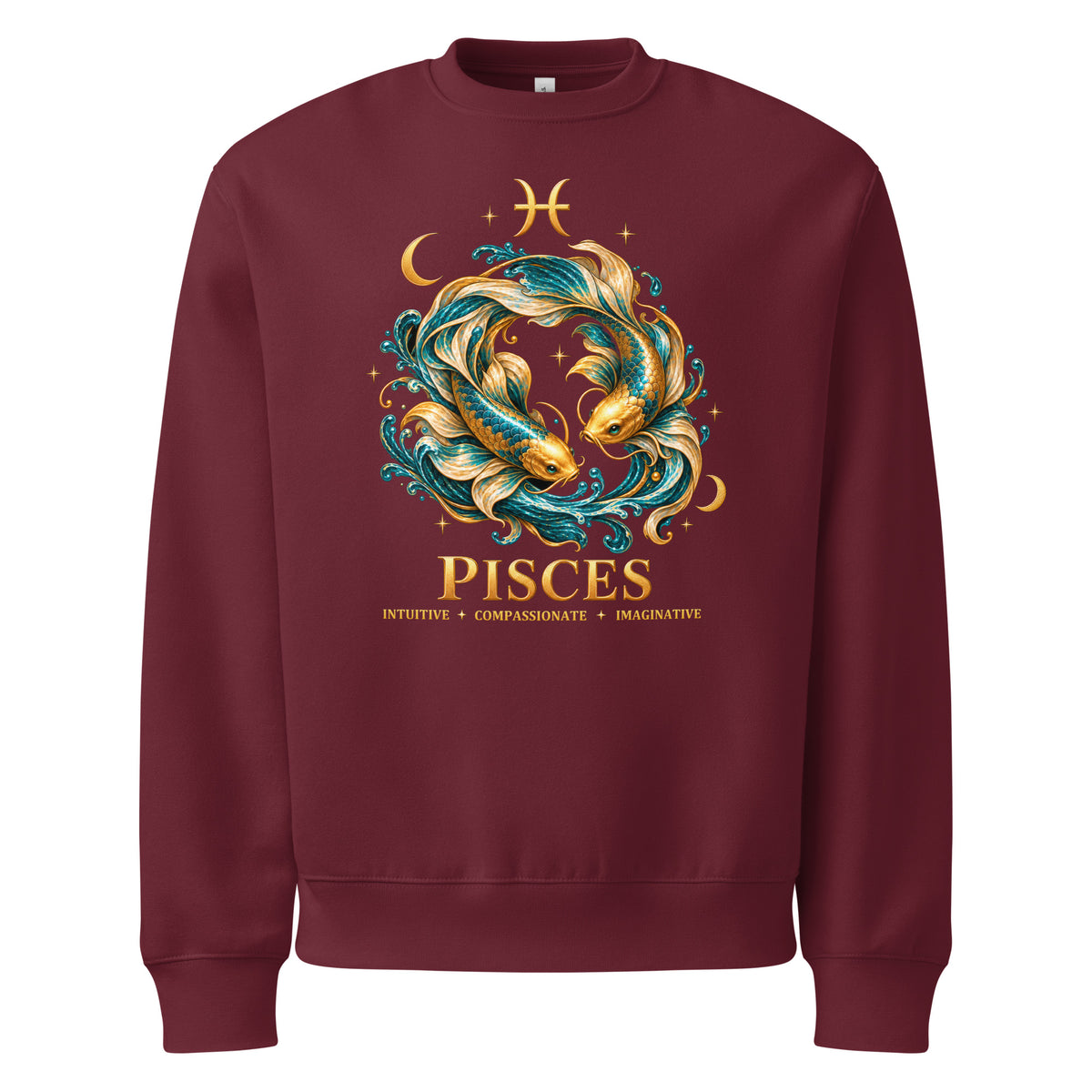 Pisces zodiac oversized sweatshirt in maroon, front: two gold and teal koi in a night sky of gold stars with the Pisces glyph
