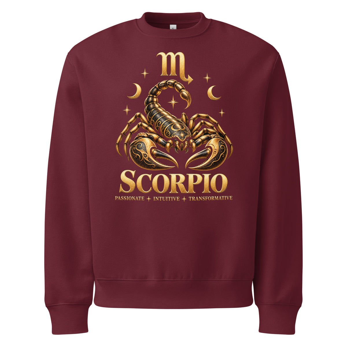 Scorpio zodiac oversized sweatshirt in maroon, front: a golden scorpion in a night sky of gold stars with the Scorpio glyph