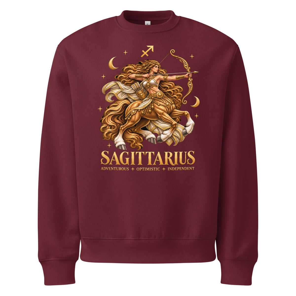 Sagittarius zodiac oversized sweatshirt in maroon, front: a golden centaur archer in a night sky of gold stars with the Sagittarius glyph