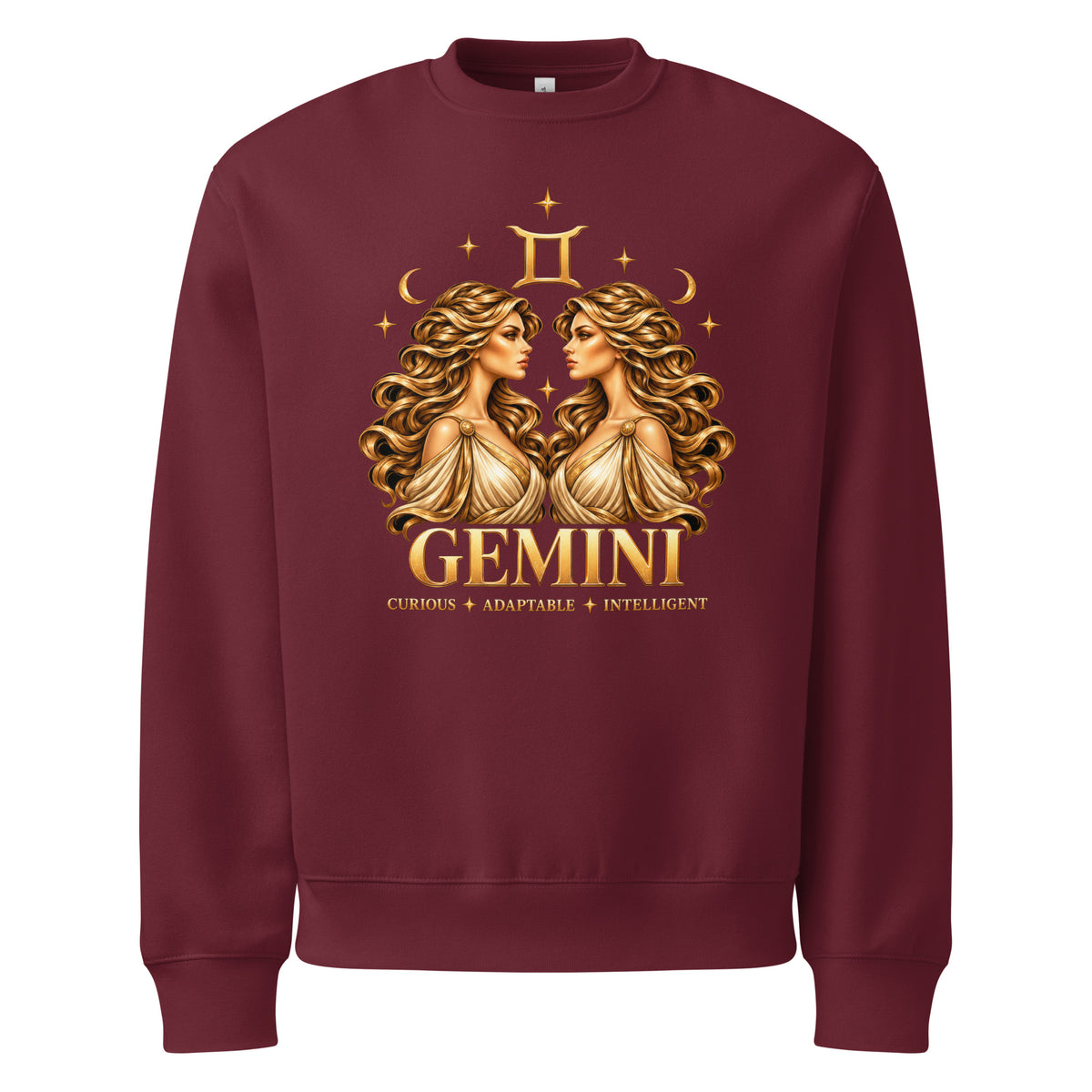 Gemini zodiac oversized sweatshirt in maroon, front: golden twins face to face in a night sky of gold stars