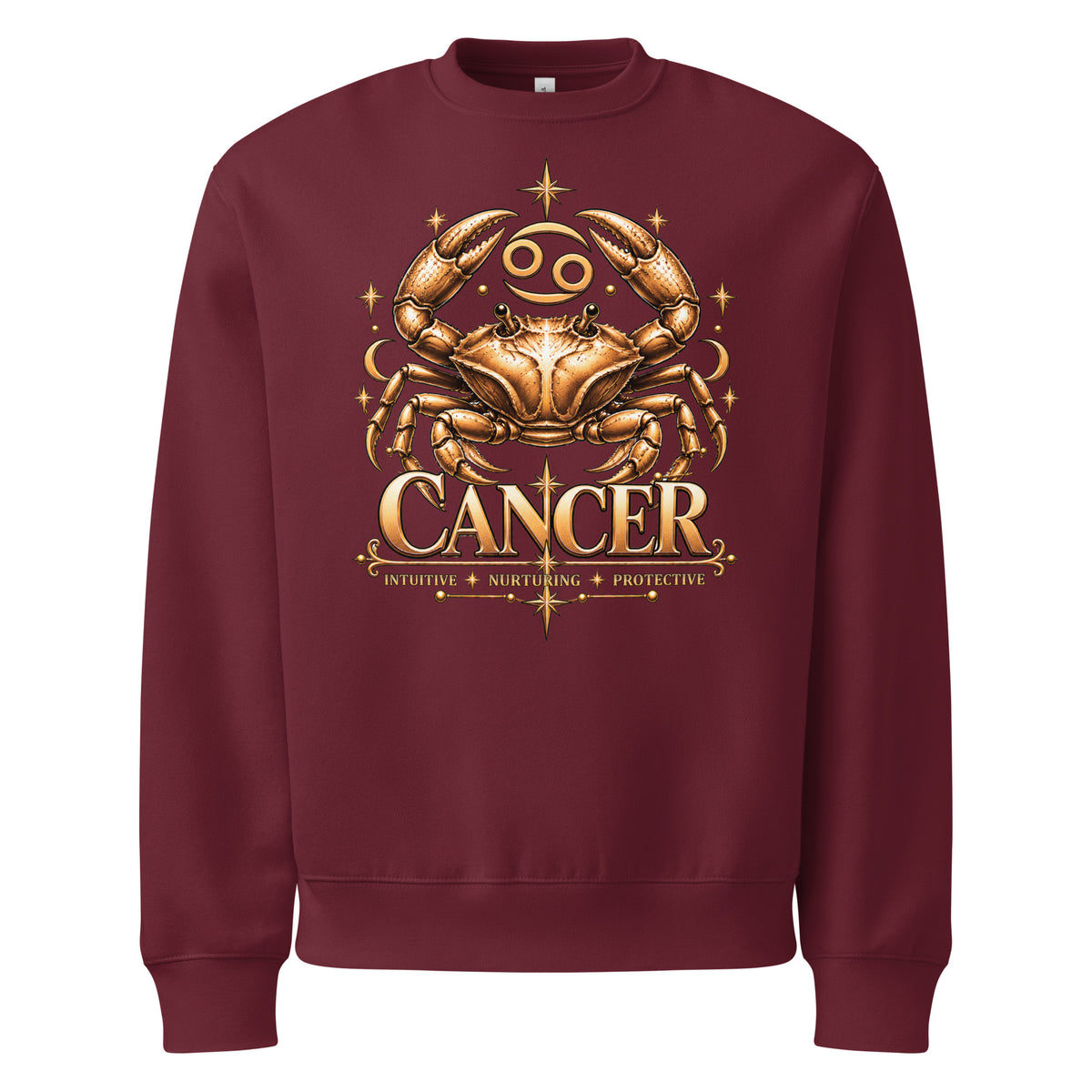 Cancer zodiac oversized sweatshirt in maroon, front: a golden crab with claws raised in a night sky of gold stars