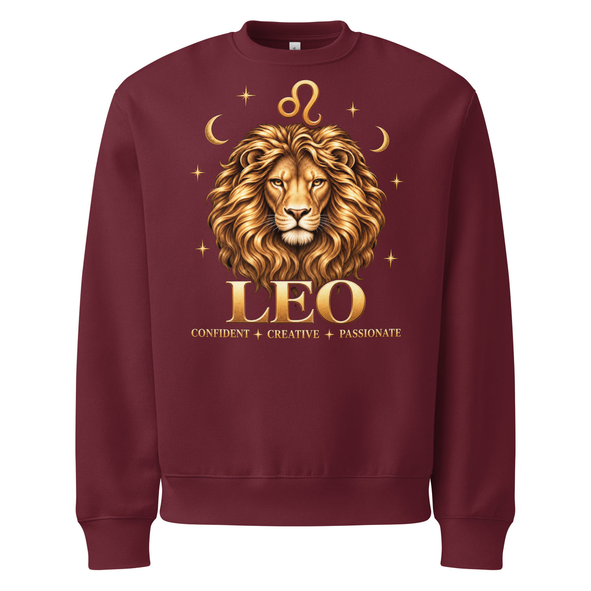 Leo zodiac oversized sweatshirt in maroon, front: a golden lion with a full flowing mane in a night sky of gold stars