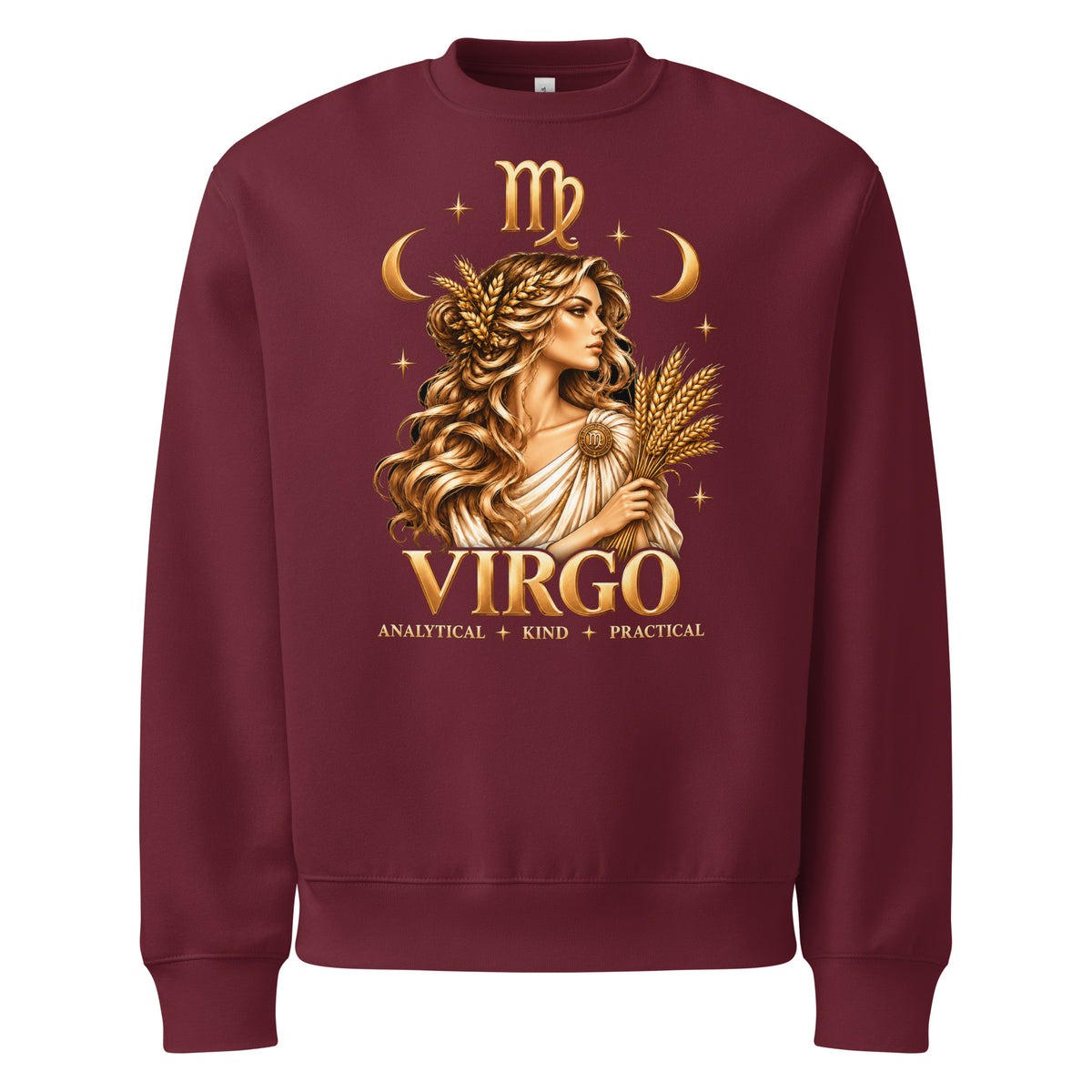 Virgo zodiac oversized sweatshirt in maroon, front: a golden maiden holding a sheaf of wheat in a night sky of gold stars