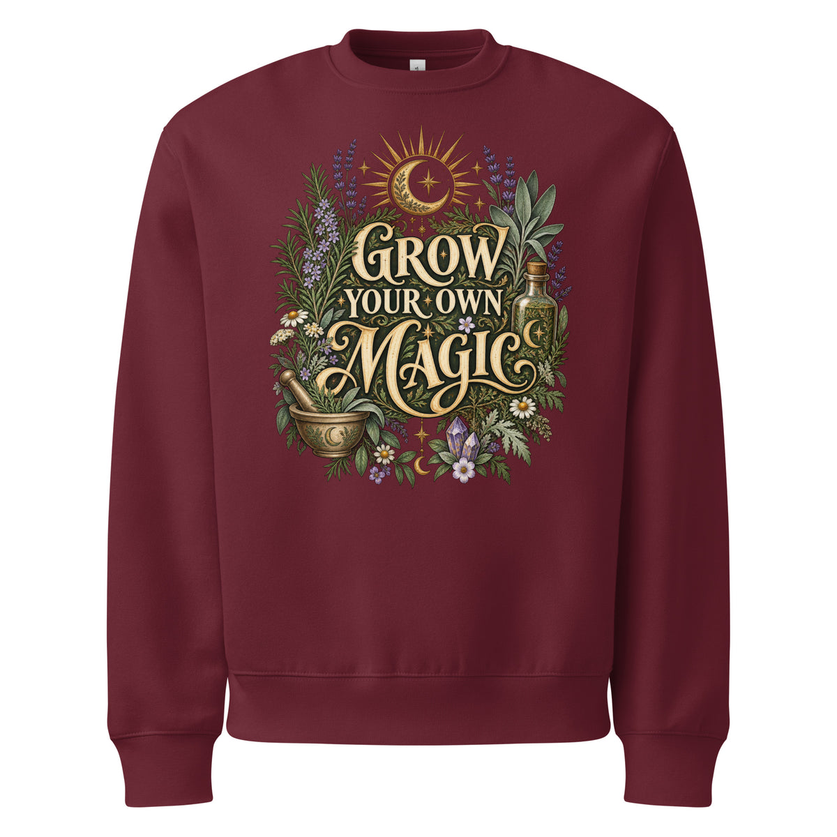 Grow Your Own Magic herbology design, herbs and a golden moon, on a maroon oversized sweatshirt, front view