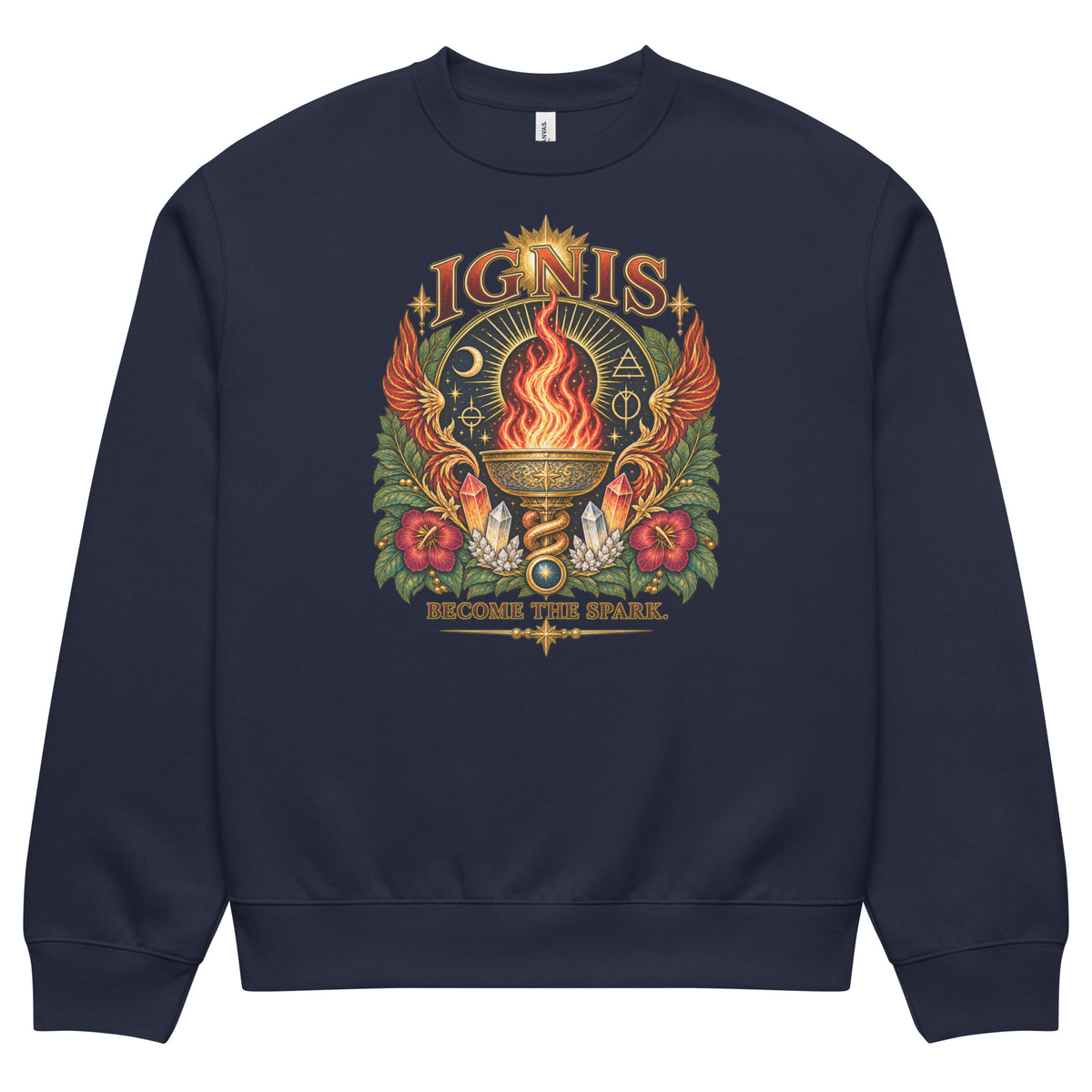 Ignis Become the Spark design, Be Magical collection, on a navy oversized heavyweight sweatshirt, front view