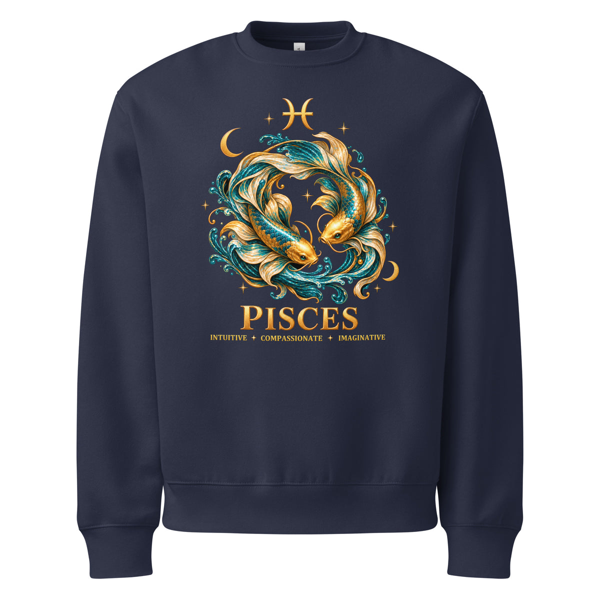 Pisces zodiac oversized sweatshirt in navy, front: two gold and teal koi in a night sky of gold stars with the Pisces glyph