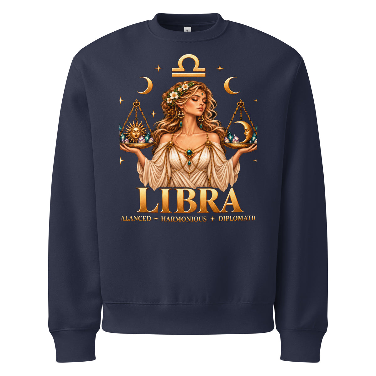 Libra zodiac oversized sweatshirt in navy, front: a woman holding golden scales in a night sky of gold stars with the Libra glyph