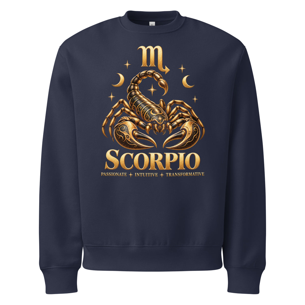 Scorpio zodiac oversized sweatshirt in navy, front: a golden scorpion in a night sky of gold stars with the Scorpio glyph