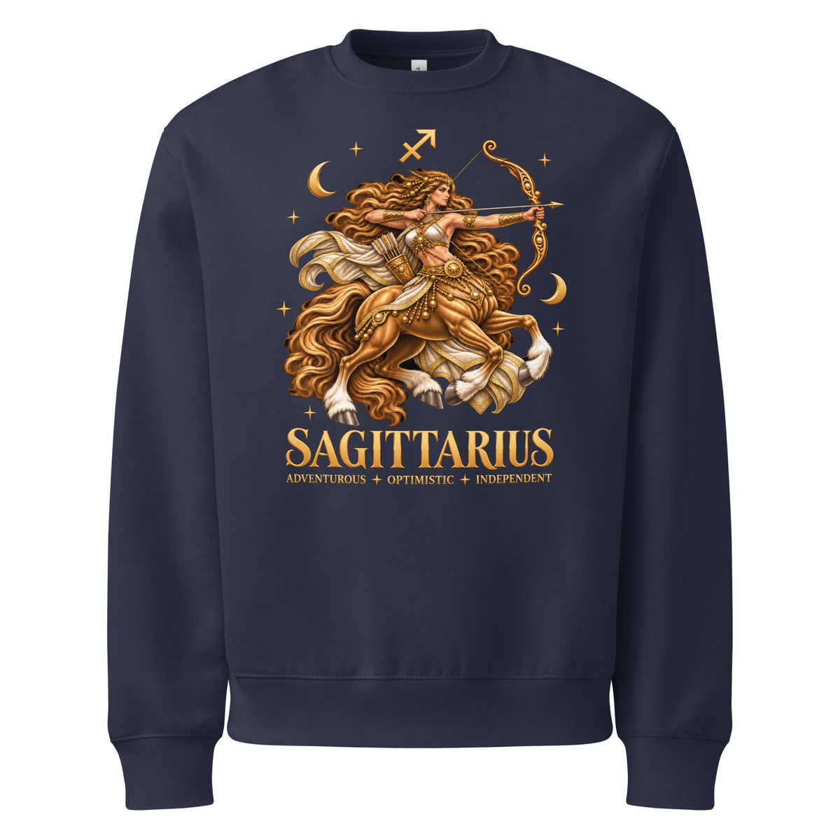 Sagittarius zodiac oversized sweatshirt in navy, front: a golden centaur archer in a night sky of gold stars with the Sagittarius glyph