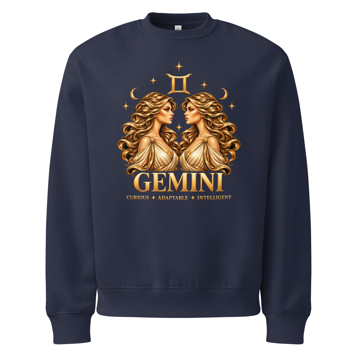 Gemini zodiac oversized sweatshirt in navy, front: golden twins face to face in a night sky of gold stars
