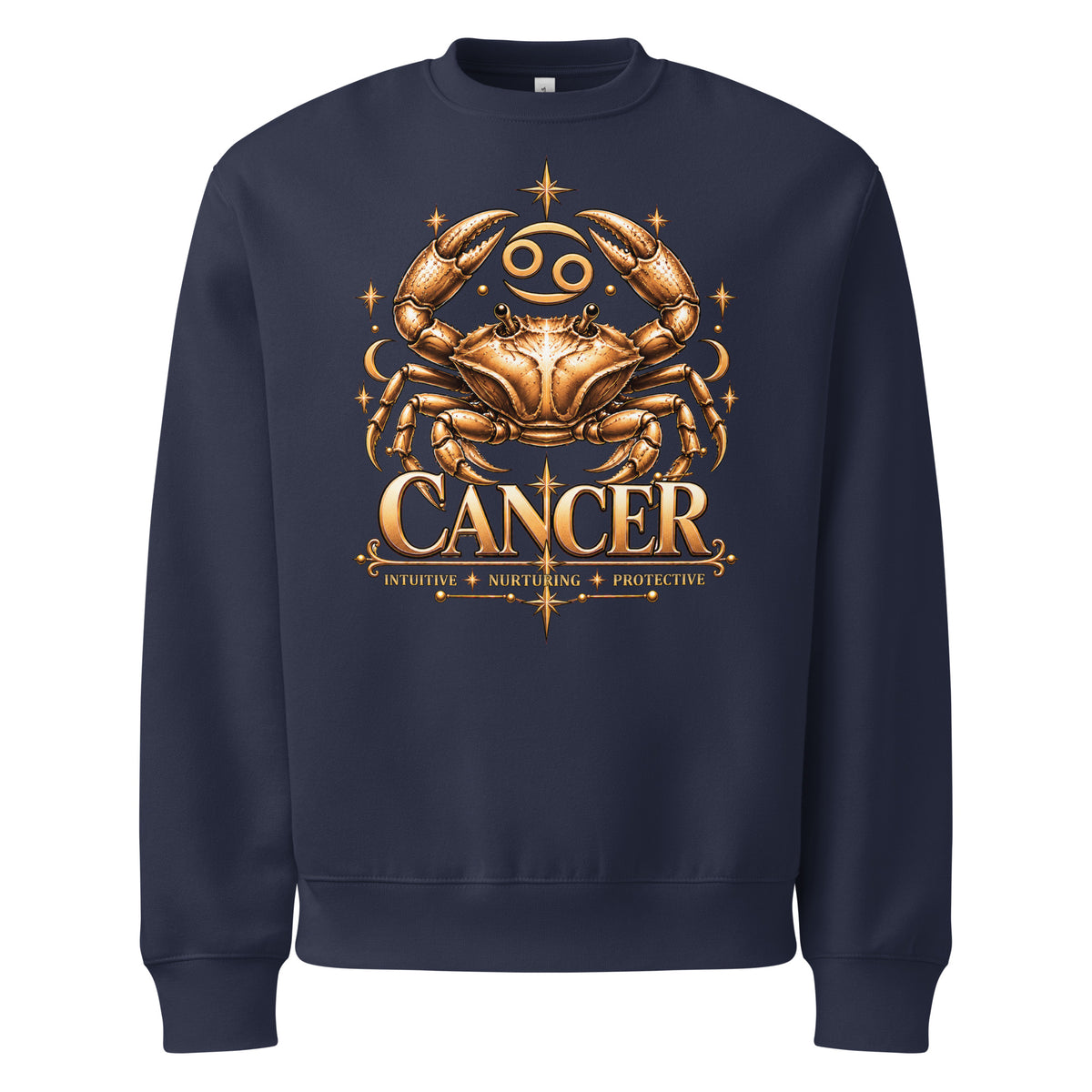 Cancer zodiac oversized sweatshirt in navy, front: a golden crab with claws raised in a night sky of gold stars