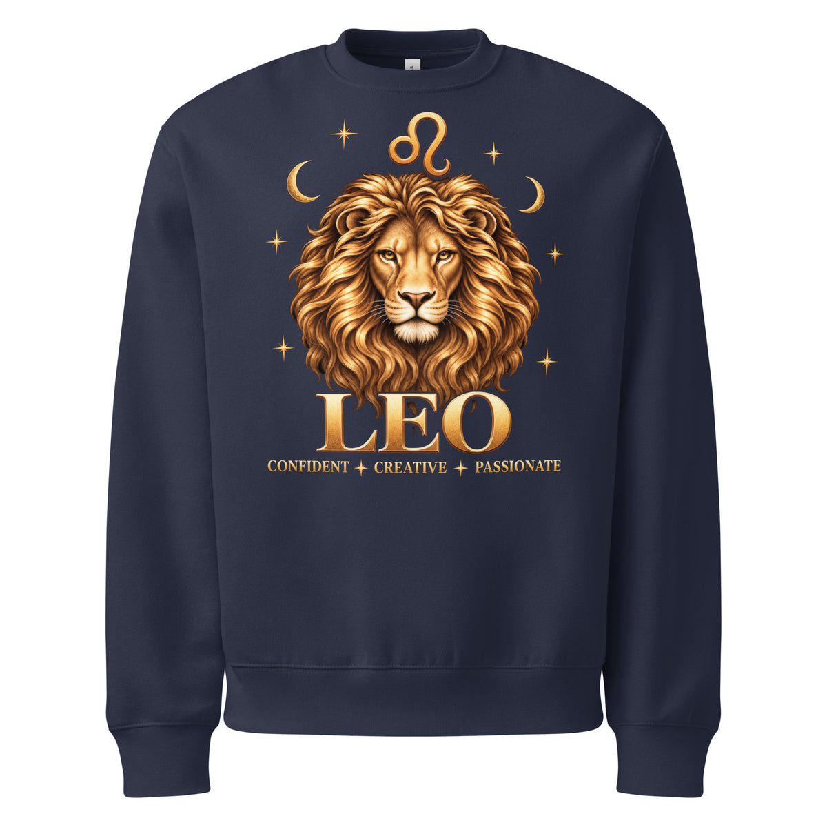 Leo zodiac oversized sweatshirt in navy, front: a golden lion with a full flowing mane in a night sky of gold stars