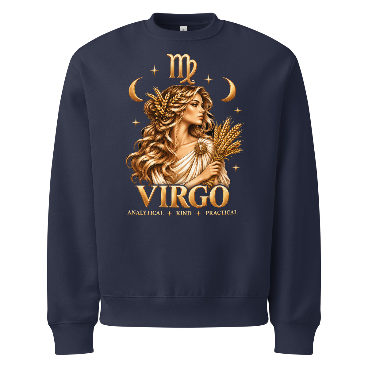 Virgo zodiac oversized sweatshirt in navy, front: a golden maiden holding a sheaf of wheat in a night sky of gold stars