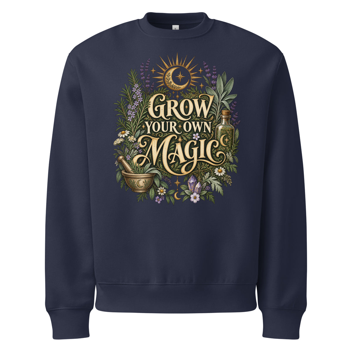 Grow Your Own Magic herbology design, herbs and a golden moon, on a navy oversized sweatshirt, front view