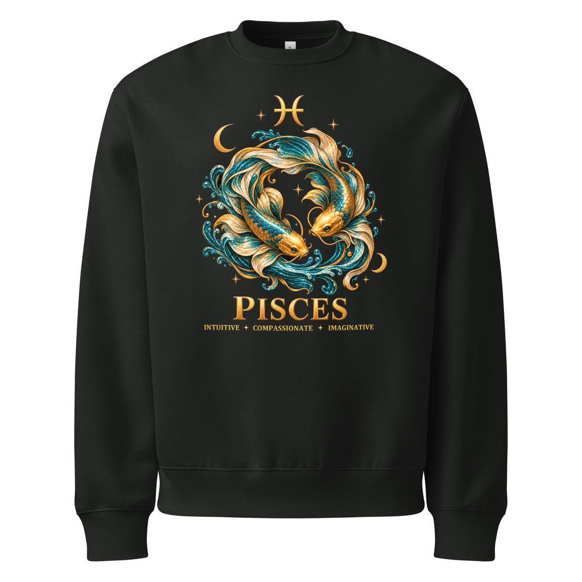 Pisces zodiac oversized sweatshirt in vintage black, front: two gold and teal koi in a night sky of gold stars with the Pisces glyph