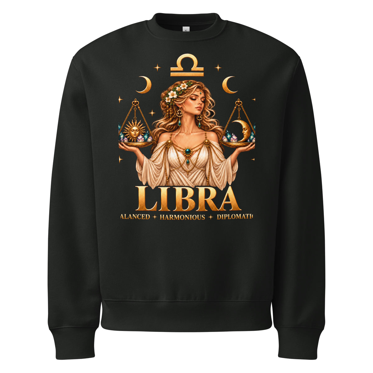 Libra zodiac oversized sweatshirt in vintage black, front: a woman holding golden scales in a night sky of gold stars with the Libra glyph