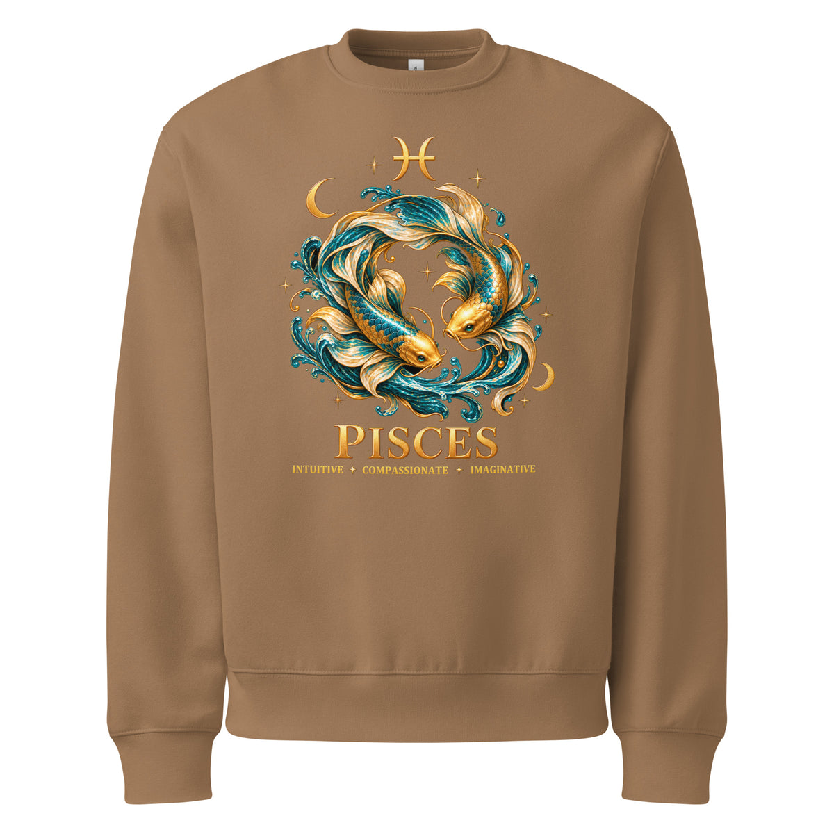 Pisces zodiac oversized sweatshirt in vintage brown, front: two gold and teal koi in a night sky of gold stars with the Pisces glyph