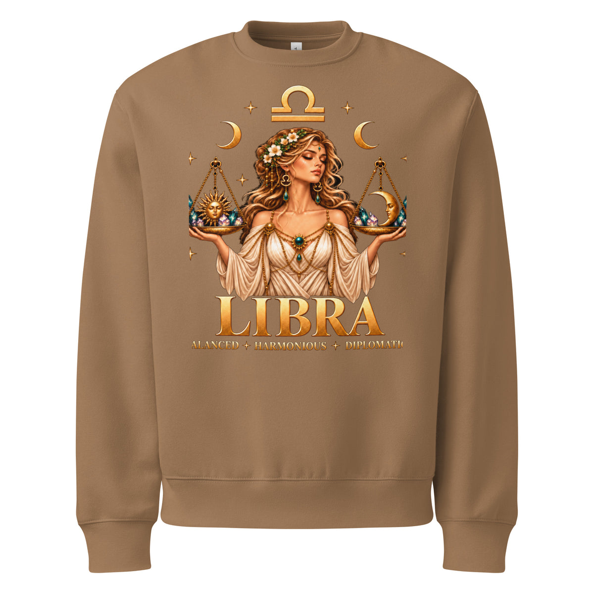 Libra zodiac oversized sweatshirt in vintage brown, front: a woman holding golden scales in a night sky of gold stars with the Libra glyph