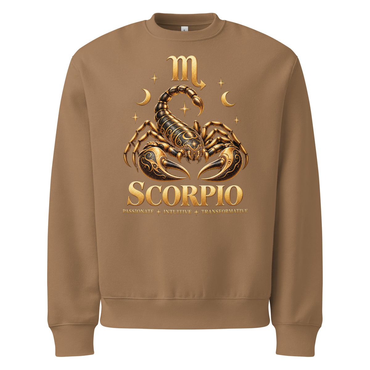 Scorpio zodiac oversized sweatshirt in vintage brown, front: a golden scorpion in a night sky of gold stars with the Scorpio glyph