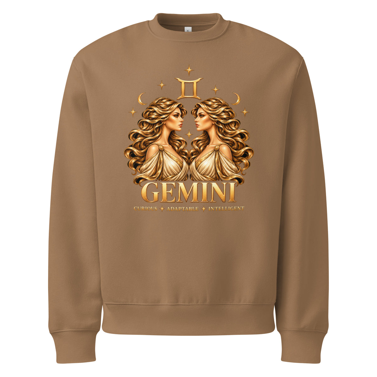 Gemini zodiac oversized sweatshirt in vintage brown, front: golden twins face to face in a night sky of gold stars