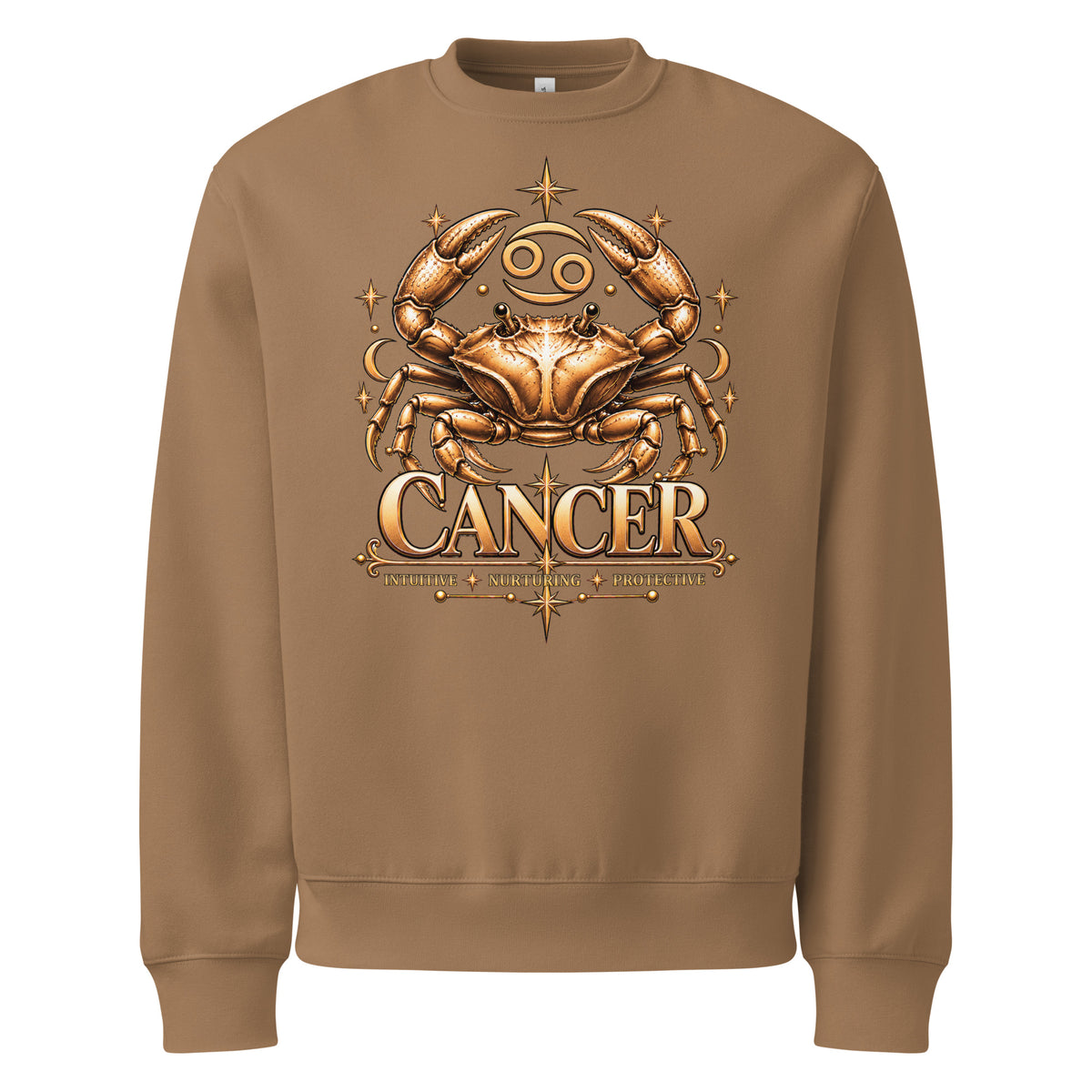 Cancer zodiac oversized sweatshirt in vintage brown, front: a golden crab with claws raised in a night sky of gold stars