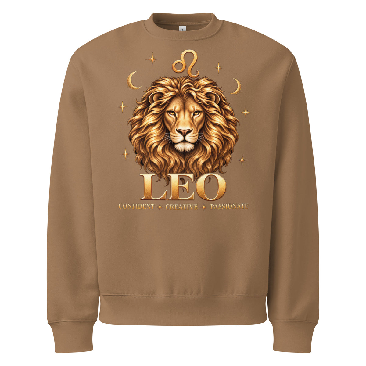 Leo zodiac oversized sweatshirt in vintage brown, front: a golden lion with a full flowing mane in a night sky of gold stars