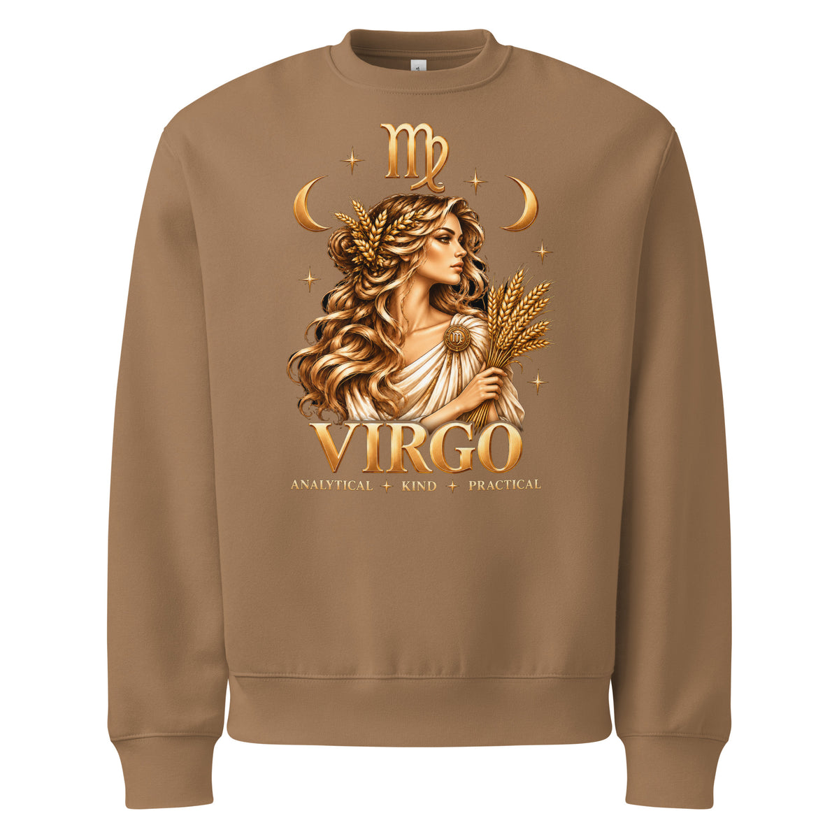 Virgo zodiac oversized sweatshirt in vintage brown, front: a golden maiden holding a sheaf of wheat in a night sky of gold stars