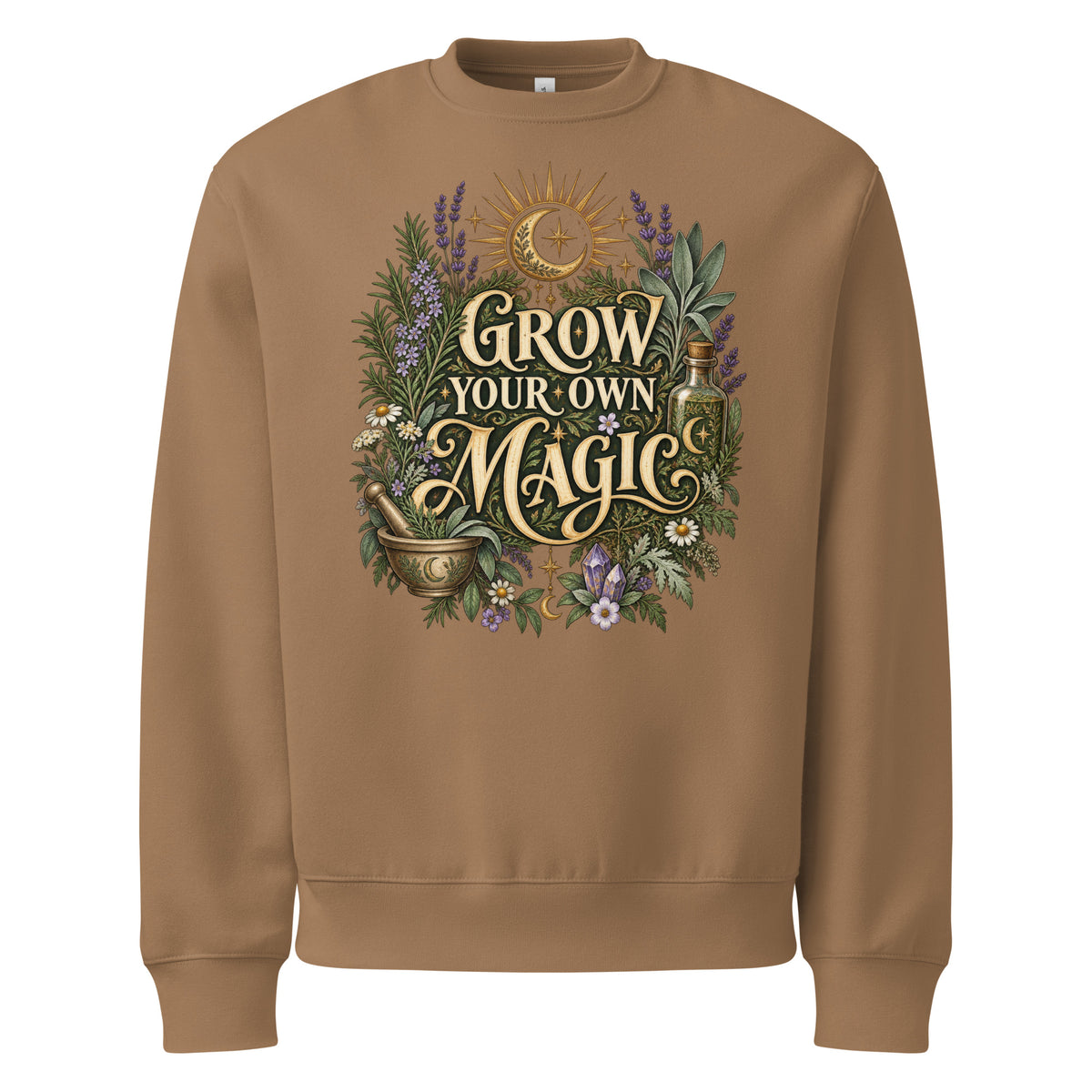 Grow Your Own Magic herbology design, herbs and a golden moon, on a vintage brown oversized sweatshirt, front view