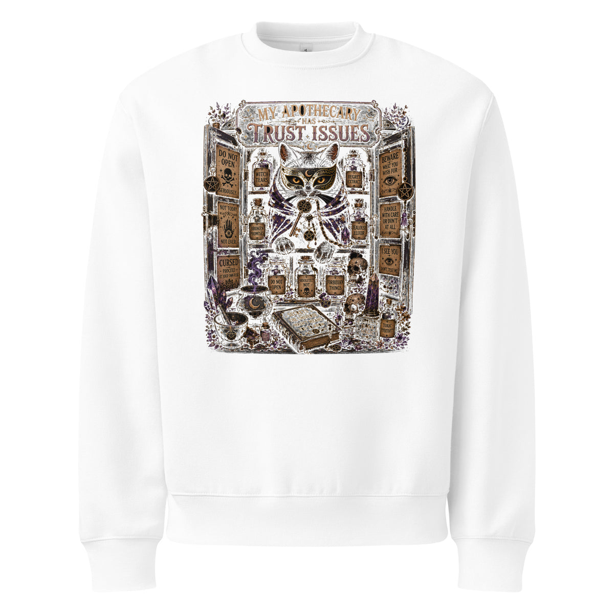 My Apothecary Has Trust Issues, a witchy black cat and a cabinet of potion bottles, on a white oversized heavyweight sweatshirt, front view
