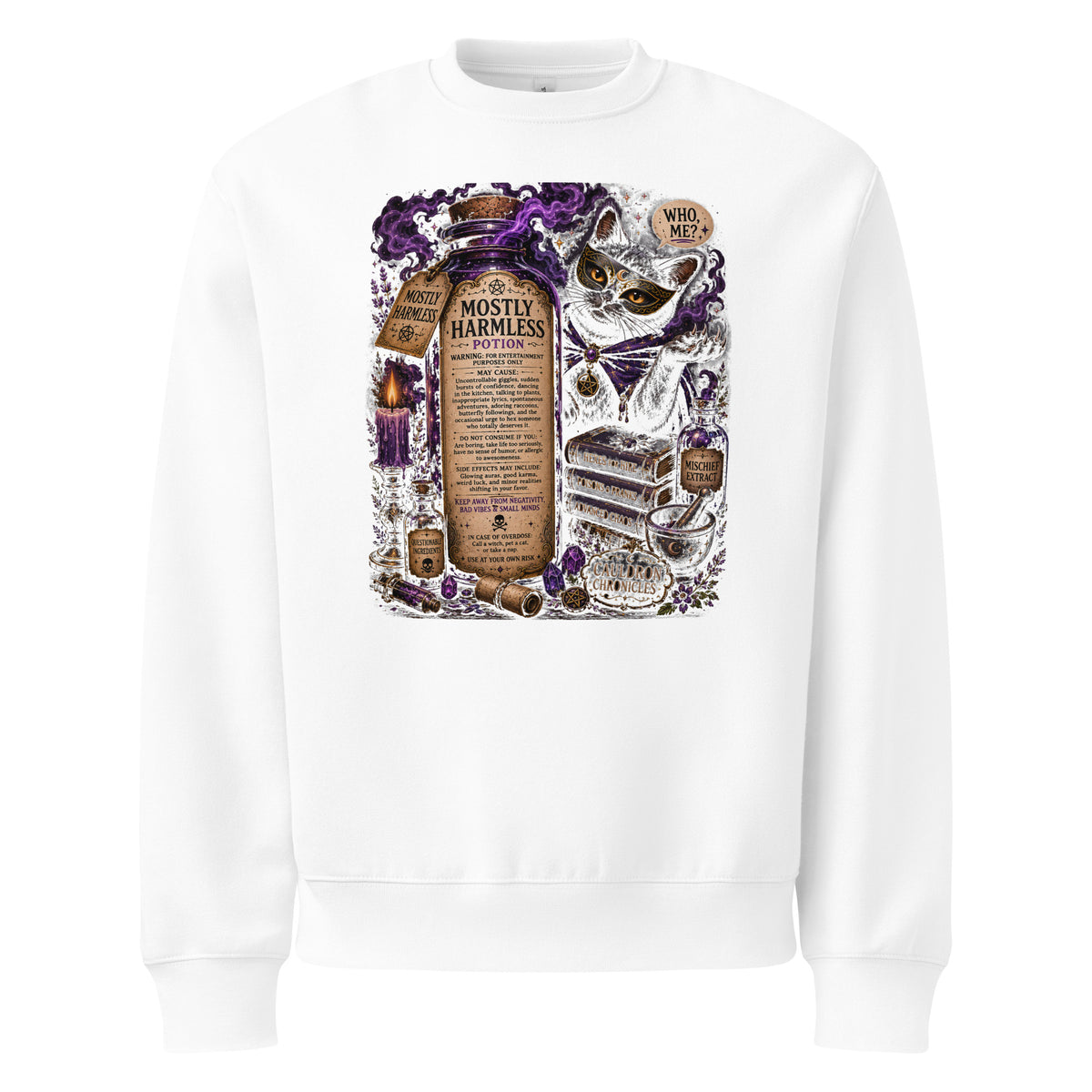 Mostly Harmless whimsigoth design, a potion bottle with a long warning label, on a white oversized heavyweight sweatshirt, front view