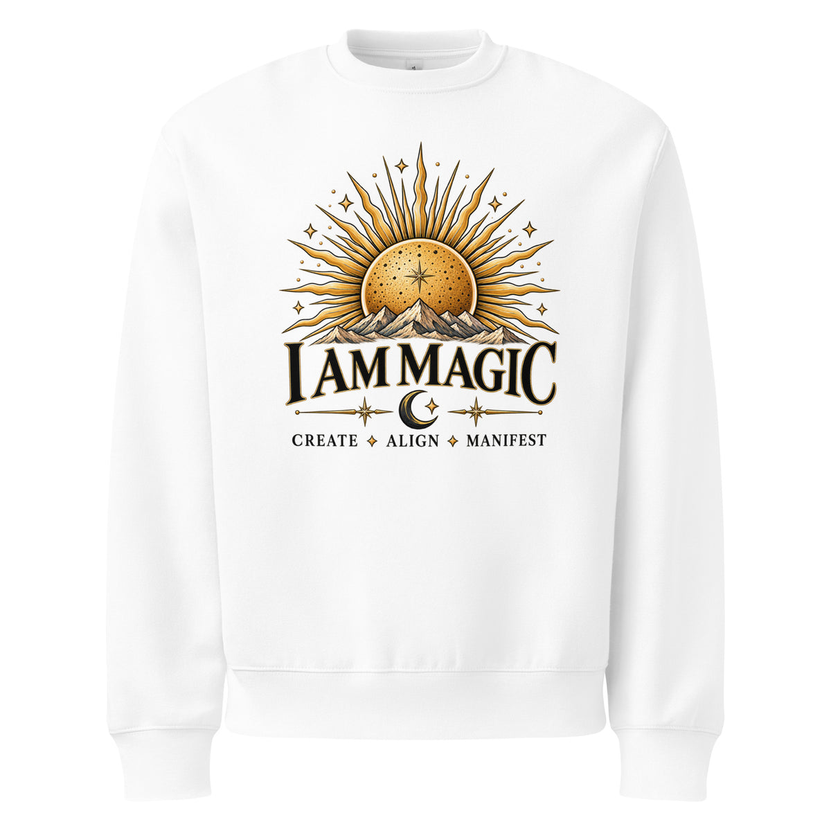 I Am Magic design with a gold sun face, Be Magical collection, on a white oversized heavyweight sweatshirt, front view