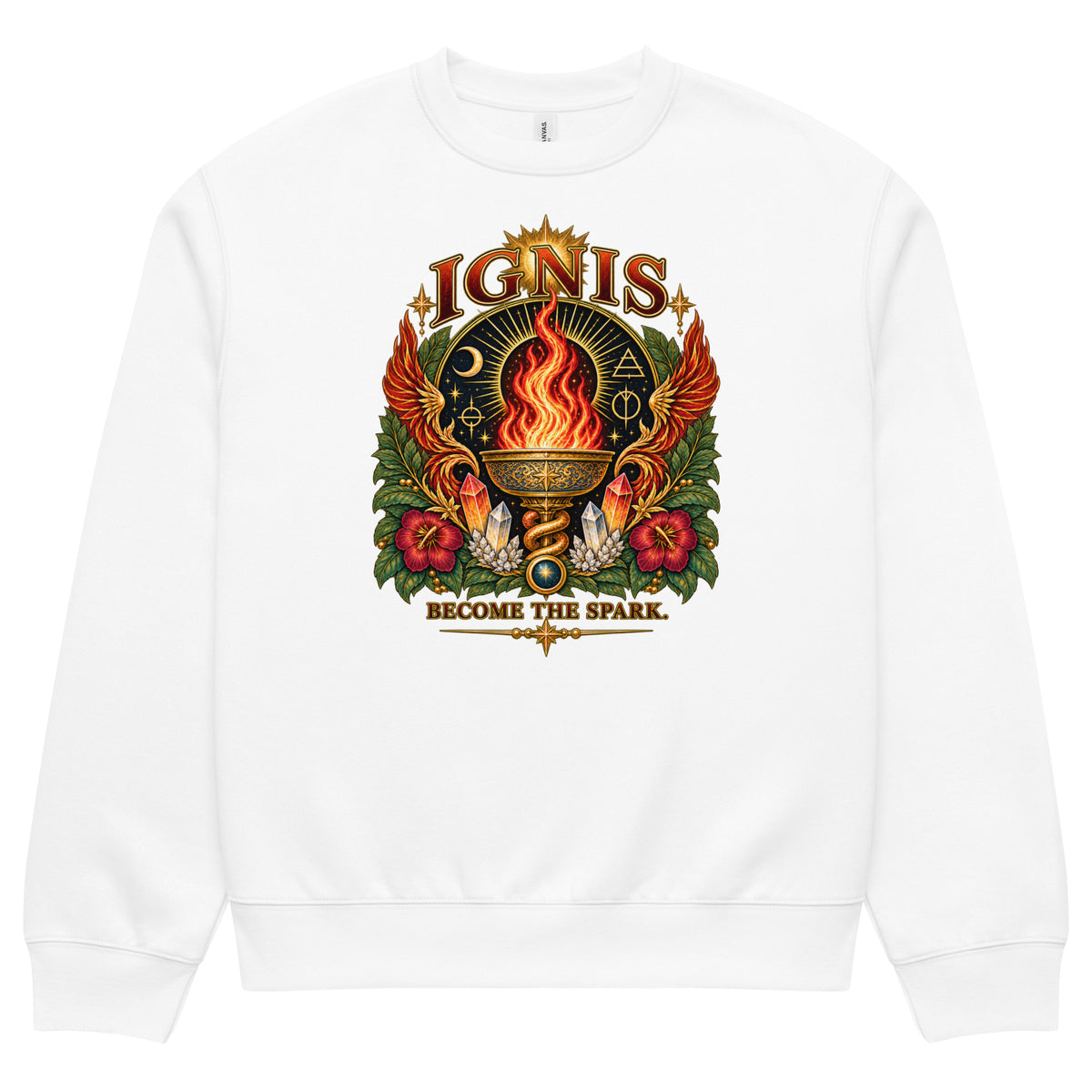 Ignis Become the Spark design, Be Magical collection, on a white oversized heavyweight sweatshirt, front view